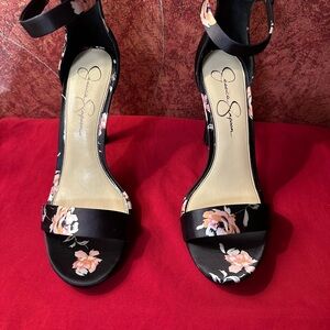 Jessica Simpson Black Satin Floral Ankle-Strap Heels